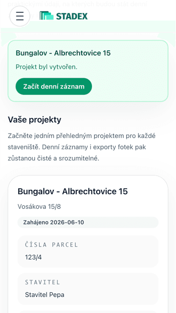 Nově vytvořený projekt v aplikaci Stadex.
