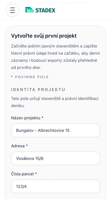 Vyplněný formulář pro založení projektu ve Stadexu.