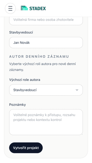 Odeslání formuláře pro vytvoření projektu ve Stadexu.