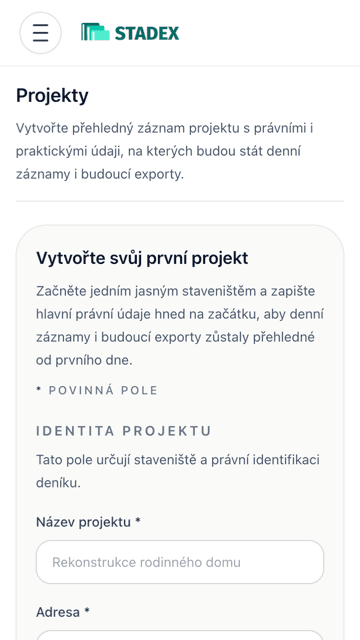 Prázdný formulář projektu v aplikaci Stadex.